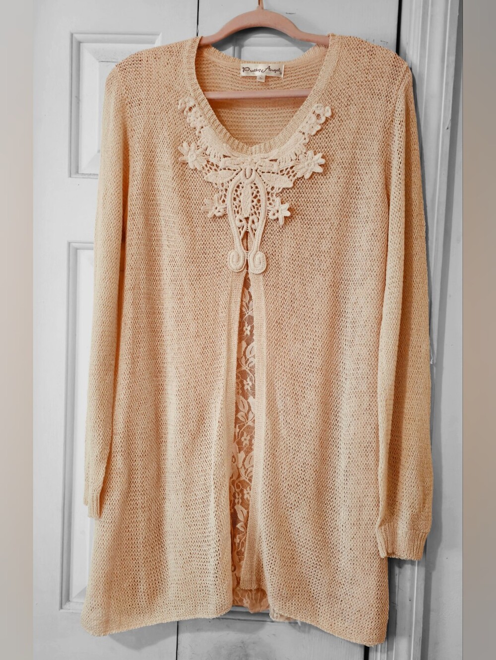 Pretty Angel Cream Open-Front Crochet Trim Cardigan